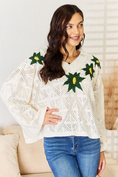 POL Floral Embroidered Pattern V-Neck Sweater