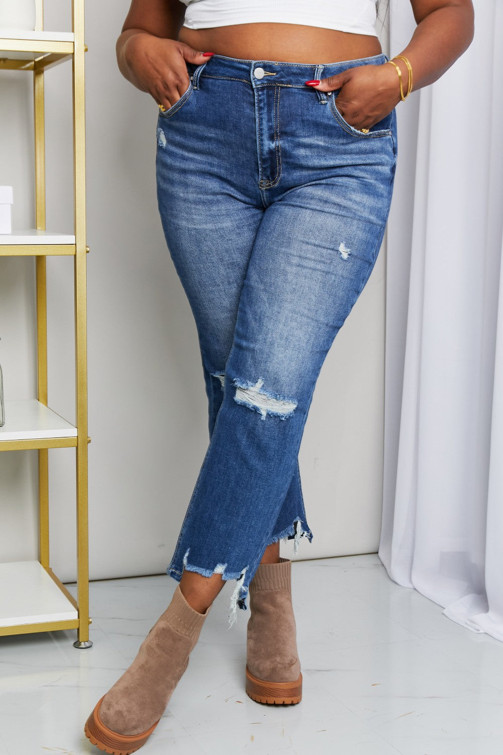 RISEN Full Size Frayed Hem Distressed Cropped Jeans