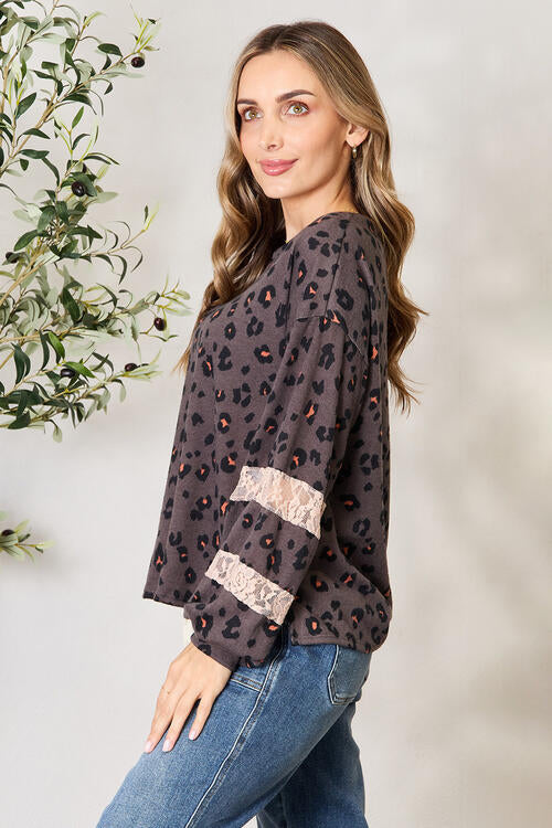 Jade By Jane Full Size Leopard Lace Detail Blouse