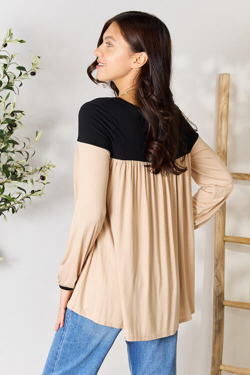 BOMBOM Contrast Long Sleeve Ruched Blouse