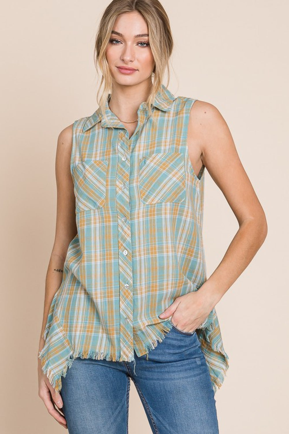 HEYSON Days Gone By Full Size Sleeveless Frayed Plaid Button-Up Shirt